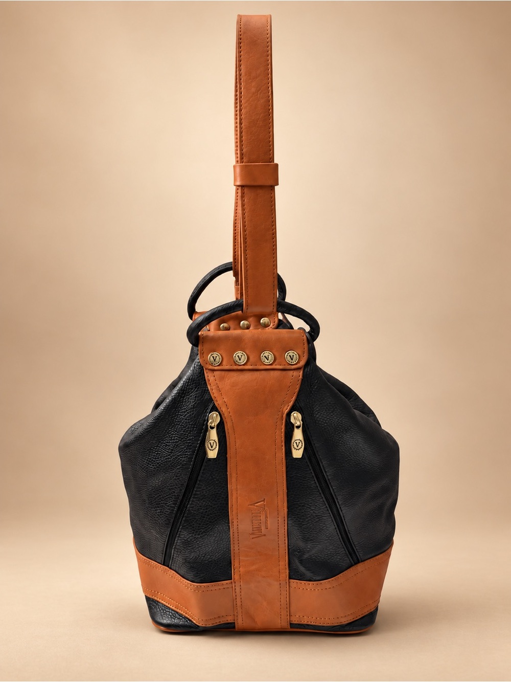 Valentina Italian Leather Convertible Backpack Bag Black Cognac NWT